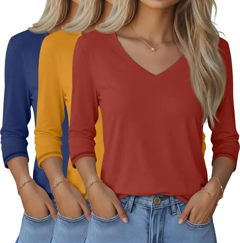 Miniatura 28 de Ficerd Paquete de 3 camisetas de manga 3/4 para mujer, cuello en V, blusas holgadas, blusas casuales, ropa de moda 2026