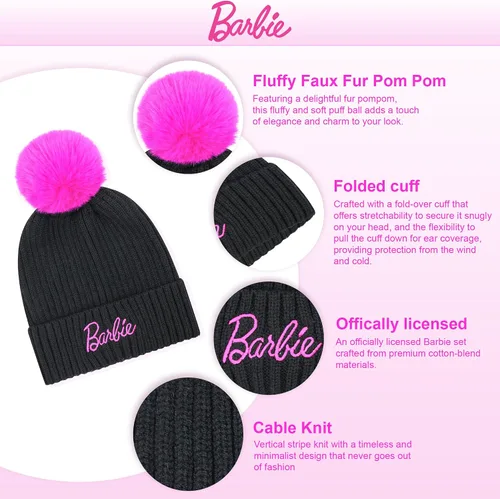 Miniatura 2 de Barbie Gorro de invierno para mujer Gorro de invierno para mujer con guantes, gorro cálido, gorro de punto rosa