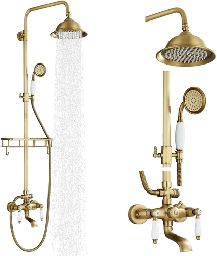 Sistema de ducha de latón antiguo, accesorios de ducha para exteriores con cabezal de ducha de lluvia de 8 pulgadas y asas cruzadas dobles para baño
