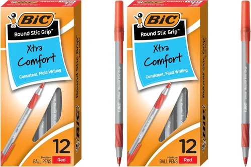 BIC Round Stic Grip Xtra Comfort - Bolígrafos rojos, punta media (0.047 pulgadas), excelentes bolígrafos de escritura con agarre suave para una