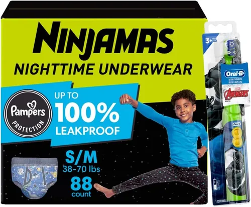Pampers Ninjamas + Oral-B Cepillo de dientes, pantalones de entrenamiento nocturno para niños, 88 unidades, talla S/M y Oral-B Kids Power Cepillo de