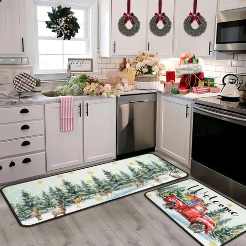 Miniatura 8 de Juego de 2 alfombras y tapetes de cocina navideñas para camiones, decoraciones navideñas para el hogar, antideslizantes con respaldo, alfombras