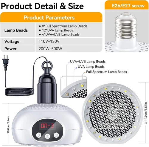 Miniatura 6 de QRQ Calentador de gallinero, lámpara de calor de reptiles de 200 W-350 W-500 W mejorada con luz UVA UVB temporizador de 3-6-9-12 horas, calentador