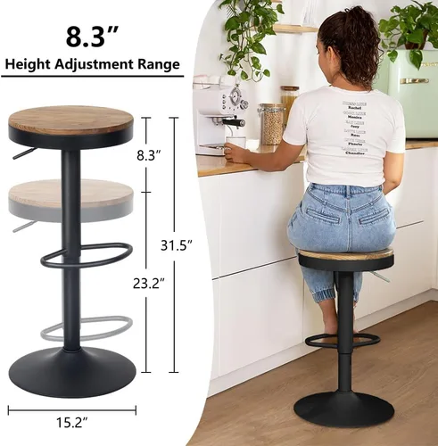 Miniatura 7 de Kidol & Shellder Juego de 2 taburetes de bar negros ajustables giratorios sin espalda, modernos y redondos de madera, sillas de barra de altura sin