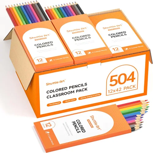 Shuttle Art 504 lápices de colores a granel, 12 colores vibrantes, paquete de 42, lápices de colores preafilados, lápices de colores de madera para