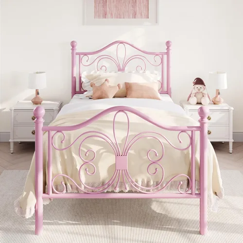 SHA CERLIN Marco de Cama Tamaño Twin para Niños, Marco de Cama de Metal con Cabecero y Pie de Cama de Diseño de Patrón de Mariposa, No Necesita Rosa