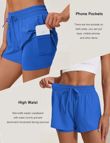 Miniatura 3 de PINSPARK Pantalones cortos deportivos 2 en 1 para mujer, pantalones cortos de entrenamiento de cintura alta, para correr, gimnasio, secado rápido