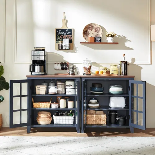 Miniatura 5 de Aparador Grande Buffet con Almacenamiento, 32" Mueble de Cocina Estilo Granja Azul Marino para Café y Vino con 2 Puertas de Vidrio, Mesa Aparador