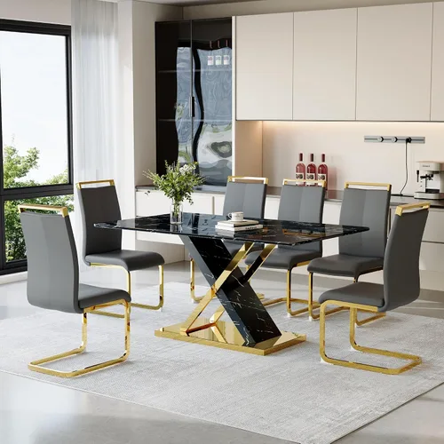 Miniatura 10 de YUNDREAM - Juego de mesa de comedor moderna de mármol para 4, mesa de comedor de oro negro de 63 pulgadas con marco cromado en forma de X y sillas