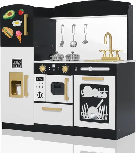 TODEFULL Juego de cocina de simulación para niños, juego interactivo de madera con diseño realista, fregadero, microondas, máquina de hielo, Negro