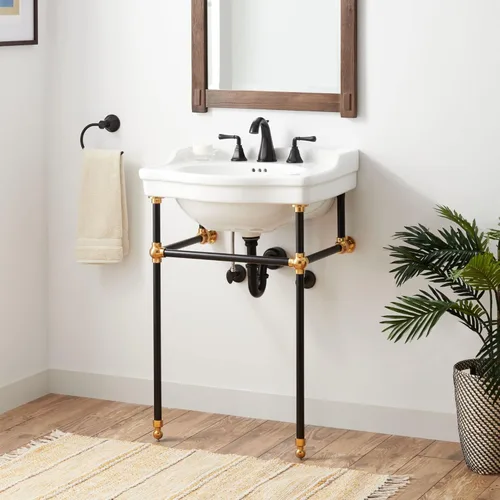 Signature Hardware 480510 Cierra - Lavabo de baño con consola de porcelana vítrea de 24-1/4 pulgadas con 3 orificios para grifo en centros de 8