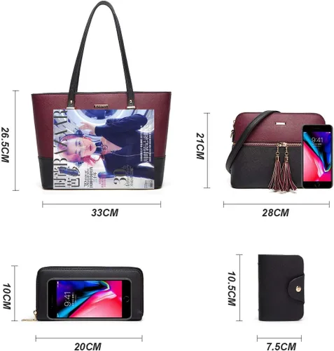 Miniatura 99 de Juego de 4 bolsas modernos para mujer de cuero sintético: bolso tote, bolso de hombro, bolso de mano y cartera.