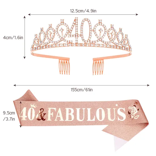 Miniatura 5 de Casoty Juego de diadema y tiara de 40 y fabuloso, oro rosa, para decoraciones de cumpleaños de 40 años, regalos para mujeres, decoraciones de fiesta