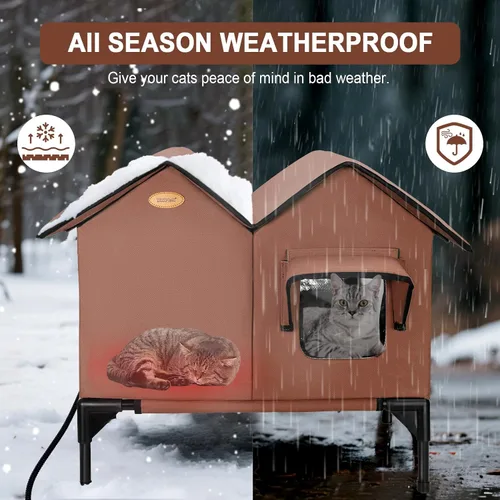 Miniatura 4 de Casa climatizada para gatos para exteriores en invierno, casa elevada para gatos al aire libre, resistente a la intemperie, puerta de escape