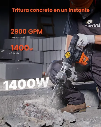 Miniatura 2 de VEVOR Martillo de demolición Jack Hammer, MAX 1400W Martillo eléctrico de alta resistencia, rompedor de concreto 2900 BPM 2 piezas de cinceles