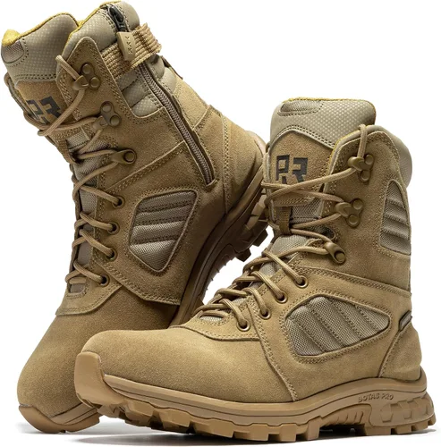 ROCKROOSTER Burano Botas tácticas militares para hombre, 8 pulgadas, gamuza coyote y nailon, cremallera lateral YKK para poner y quitar fácilmente,