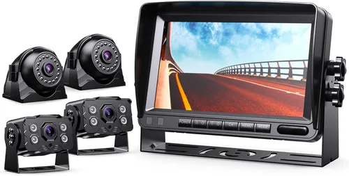 eRapta Kit de sistema de cámara de respaldo HD 1080p, monitor de marcha atrás de 7 pulgadas con grabación dividida cuádruple IP69 impermeable,