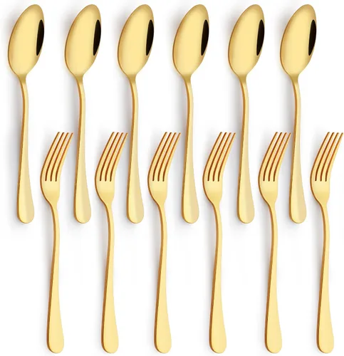 Juego de 12 cucharas y tenedores, cubiertos de acero inoxidable de grado alimenticio, 6 tenedores (6.8 pulgadas) y 6 cucharas (6.6 pulgadas), juego