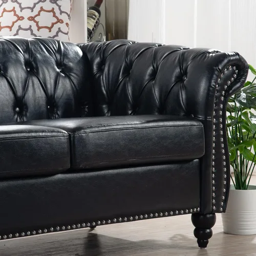 Miniatura 7 de Sofá Chesterfield moderno de tres plazas, sofá de piel sintética con brazos enrollados, cómodos sofás para sala de estar, oficina, sala de recepción