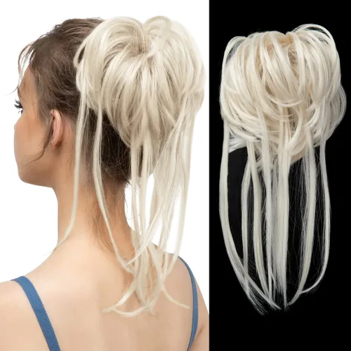 Miniatura 27 de CJL HAIR - Extensión de cabello tipo coletero de chongo desordenado, rizado, sintético, con colas rectas, scrunchies para peinados de moño