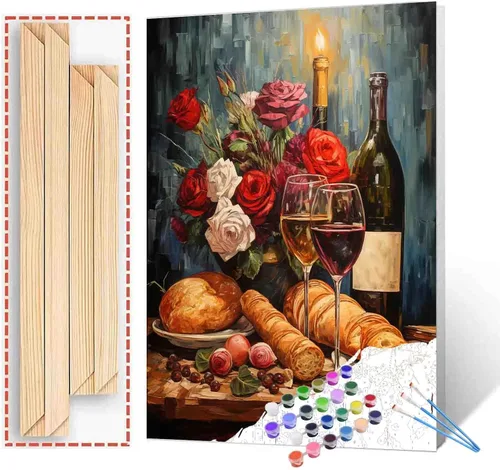 Miniatura 40 de Pintura de fiesta de vino tinto por números para adultos principiantes, vino vintage en vidrio, pintura por números, pintura acrílica, lienzo