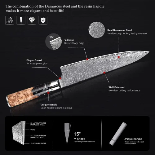 Miniatura 4 de ZZYY - Juego de cuchillos de cocina de acero de damasco, 9 piezas, cuchillo de chef japonés, cuchillo de cocina para pelar, mango de madera