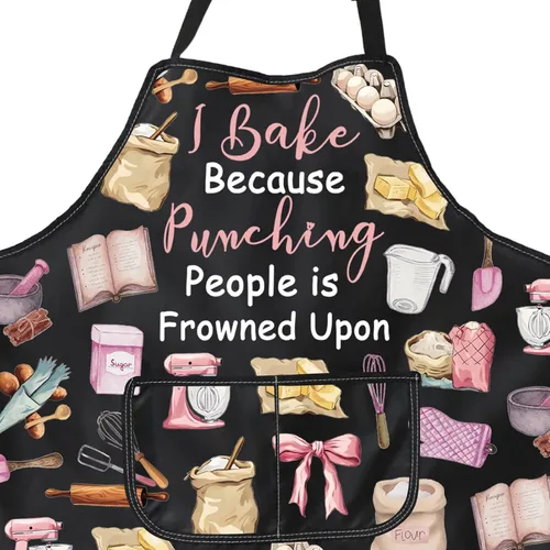 Miniatura 4 de PXTIDY Delantal de hornear para panaderos I Bake Because Punching People is Fruncir al fruncir el ceño en el delantal ajustable con bolsillos