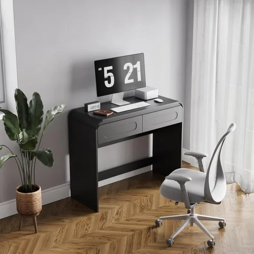 Miniatura 7 de Escritorio de tocador, escritorio de maquillaje con 2 cajones y espacio de escritorio, moderno tocador de maquillaje con diseño de perfil curvo