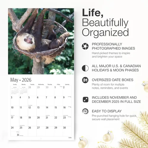 Miniatura 2 de RED EMBER Perezosos Calendario de Pared 2026 de 12 Meses 12" x 24" Abierto Papel Grueso y Resistente Regalo de Fiestas Calendario