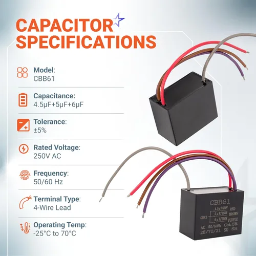 Miniatura 3 de BlueStars - Condensador de ventilador de techo mejorado CBB61 de 4.5uf+5uf+6uf de 4 cables y 250 V CA de BlueStars - Paquete de 1 - Reemplazo