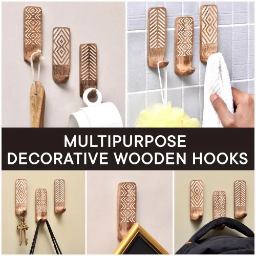 Miniatura 6 de Indian Shelf Ganchos de pared adhesivos de madera bohemios para colgar abrigos, llaves, correa, sombrero, toallero, bonito soporte para llaves