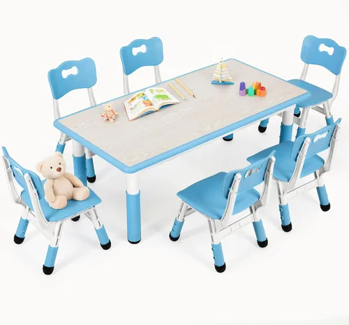 Arlopu Juego de mesa y 6 sillas para niños, escritorio de graffiti ajustable en altura, mesa de manualidades para actividades preescolares, para Azul
