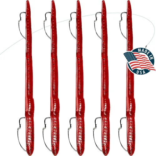 Miniatura 13 de DeLong Lures 6" KILR Worm – Made in USA Weedless Pre-Rigged Soft Plastic Swimbaits, Extra Durable Bass Fishing Lures for Pike and More, 5-Pack