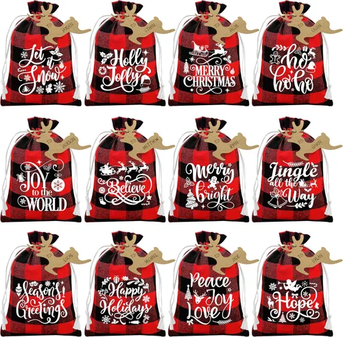 Miniatura 11 de BORAMDO Bolsas de Envolver Regalos de Arpillera de Navidad con Cordones 24 Piezas, Bolsas de Dulces de Lino a Cuadros Buffalo de Navidad