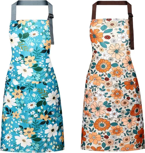 Delantal floral para mujer, paquete de 2 delantales para mujer con bolsillos, delantales de cocina impermeables para cocinar, hornear