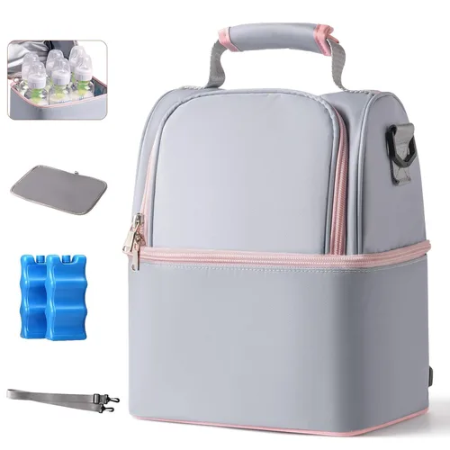 Miniatura 10 de NCVI Bolsa enfriadora de leche materna, bolsa para extractor de leche materna con 2 bolsas de hielo para 6 botellas, bolsa de viaje de doble capa