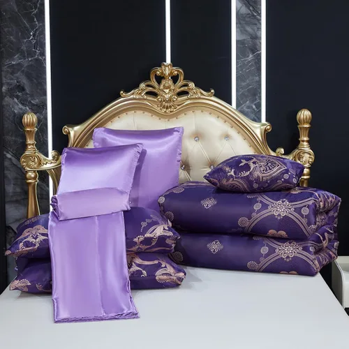 Miniatura 5 de Juego de edredón morado tamaño Queen, juego de sábanas de satén jacquard de 8 piezas bordado neoclásico floral elegante cama decoración del hogar