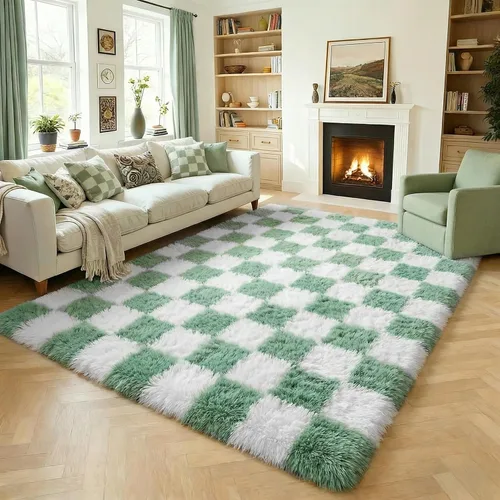 Miniatura 9 de KICMOR - Tapete a cuadros afelpado, peludo, mullido, color beige y blanco crema, pequeño, de 2 x 3 pies, para dormitorio, sala, junto a la cama