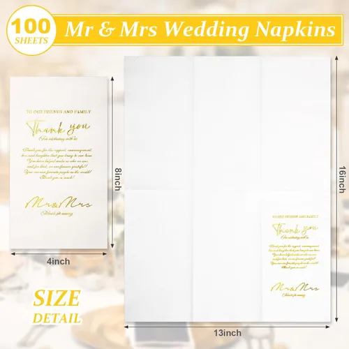 Miniatura 2 de Yeaqee Paquete de 100 servilletas de boda, 2 capas de Mr & Mrs para cena, servilletas doradas para recepción, toallas decorativas desechables