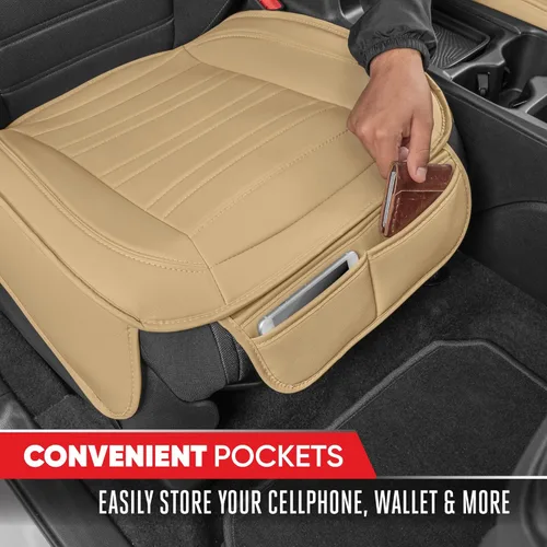 Miniatura 4 de Motor Trend Fundas de asiento para autos, camiones, SUV, fundas de asiento acolchadas de piel sintética beige con bolsillos de almacenamiento, funda
