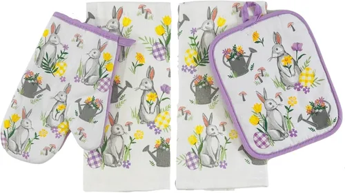 Miniatura 9 de Juego de manoplas de cocina de primavera de Pascua, soporte para ollas, 5c: colorido floral Pascua cada conejito Bienvenido Gingham Border Design
