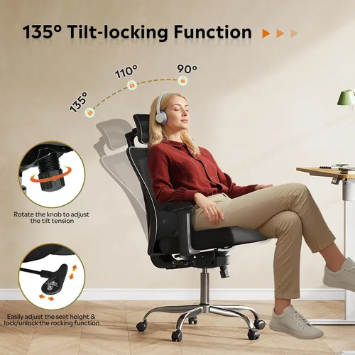 Miniatura 7 de DEVAISE - Silla ergonómica de malla para oficina con reposacabezas 3D ajustable y función de inclinación, silla grande y alta reclinable y cómoda