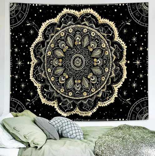 Miniatura 2 de Delur Tapiz de mandala negro y dorado, astrología, espacio, hippie bohemio, medallón floral, tapiz para colgar en la pared, estético, cabecero