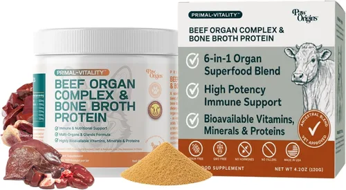 PawOrigins Primal-Vitality - Caldo de huesos en polvo para perros, complejo de órganos de carne alimentada con pasto con proteína de hígado,