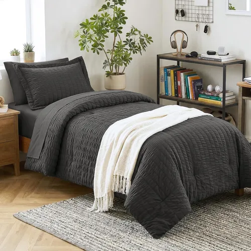 Miniatura 52 de CozyLux Juego de ropa de cama con edredón tamaño King Beige Seersucker de 7 piezas, juego de cama en una bolsa, con edredón, sábanas, fundas