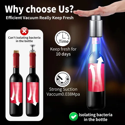 Miniatura 2 de Tapones para botellas de vino, tapón de vino al vacío 2 en 1, ahorradores de vino de acero inoxidable, conservador de vino reutilizable, tapones