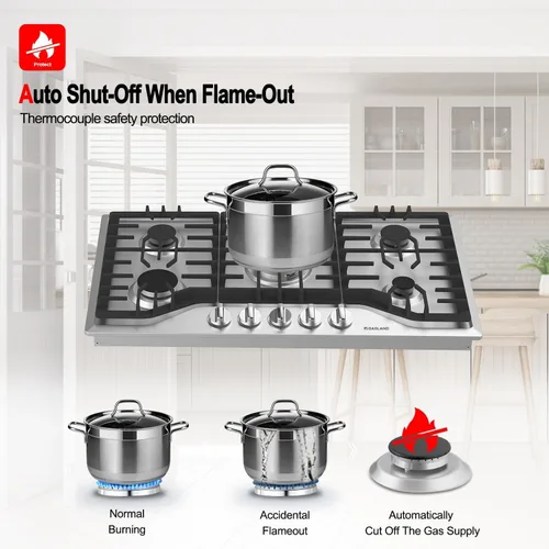Miniatura 4 de GASLAND Placa de cocina de gas de 36 pulgadas, 5 quemadores, estufa de gas integrada con quemadores sellados Italia Sabaf, estufa de gas convertible