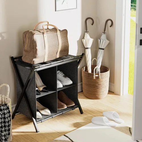Miniatura 9 de Huhote Portaequipajes para habitación de invitados, soporte plegable para maleta con estante de almacenamiento de tela, soporte para equipaje