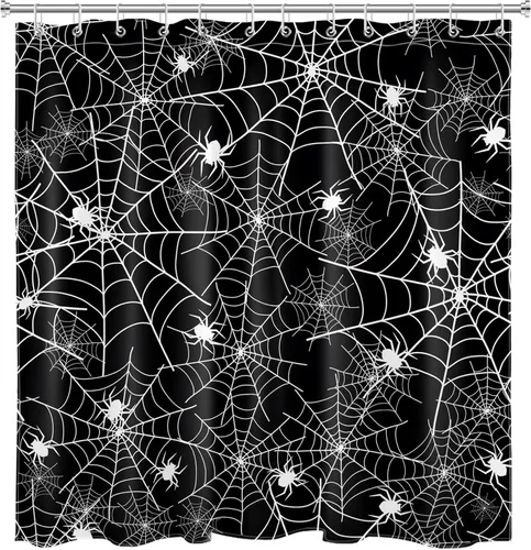 Miniatura 26 de EOBTAIN Cortina de ducha de Halloween, cortina de baño de telaraña aterradora, cortina de baño simple en blanco y negro, cortina de ducha