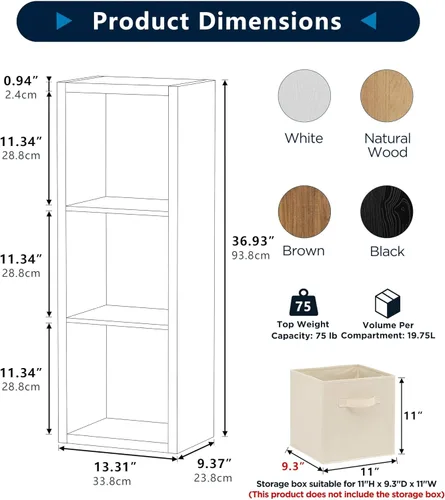 Miniatura 2 de Organizador de almacenamiento de 3 cubos de una fila, estante de cubo con tablas gruesas de alta resistencia, 13.31 pulgadas de largo x 9.37